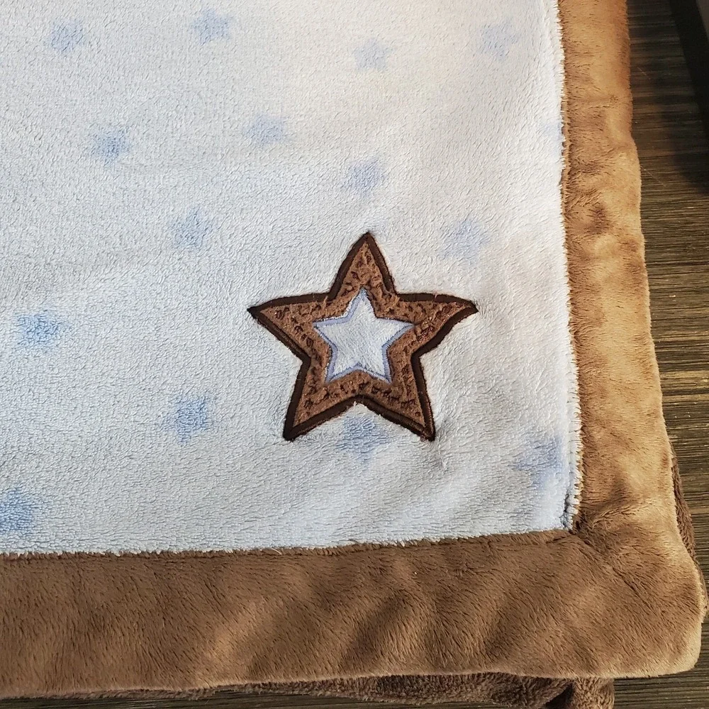 Carter's Just‎ One You Blue Star Fleece Baby Blanket Brown Star Applique, Trim